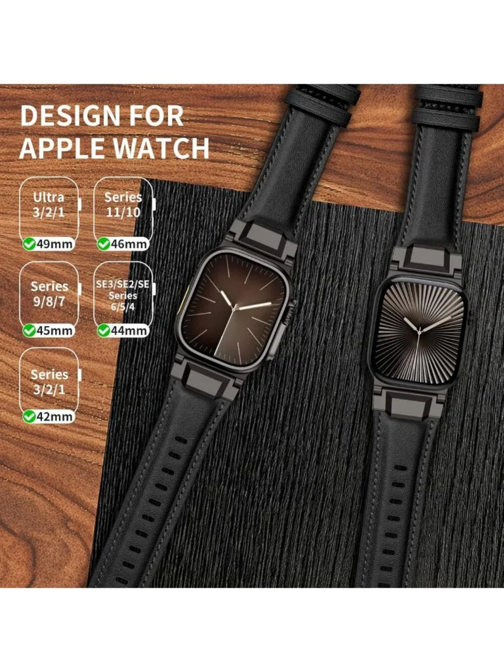 Genuine Leather Apple Watch Band for Men, 49mm-42mm, Metal Connector, Black